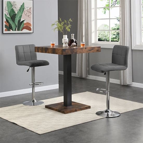Topaz Rustic Oak Wooden Bar Table With 2 Coco Grey Stools_1