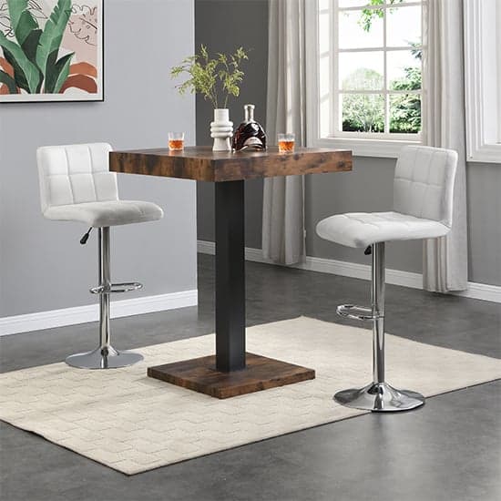 Topaz Rustic Oak Wooden Bar Table With 2 Coco White Stools_1