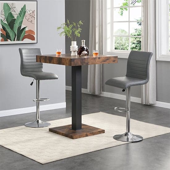 Topaz Rustic Oak Wooden Bar Table With 2 Ripple Grey Stools_1