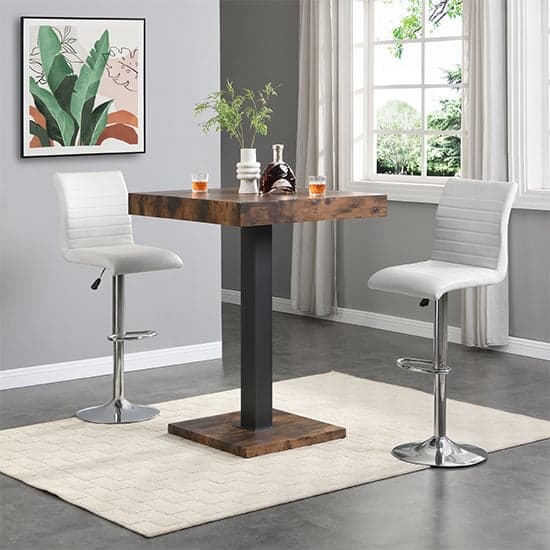 Topaz Rustic Oak Wooden Bar Table With 2 Ripple White Stools_1