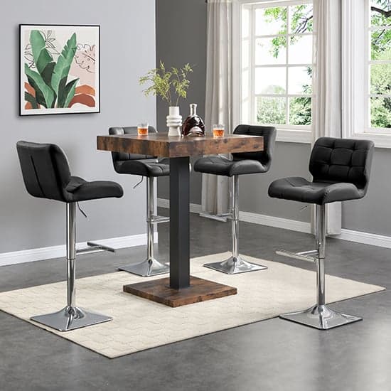 Topaz Rustic Oak Wooden Bar Table With 4 Candid Black Stools_1