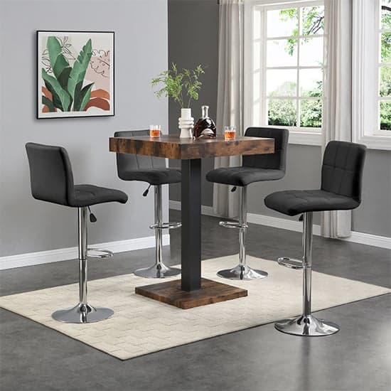 Topaz Rustic Oak Wooden Bar Table With 4 Coco Black Stools_1