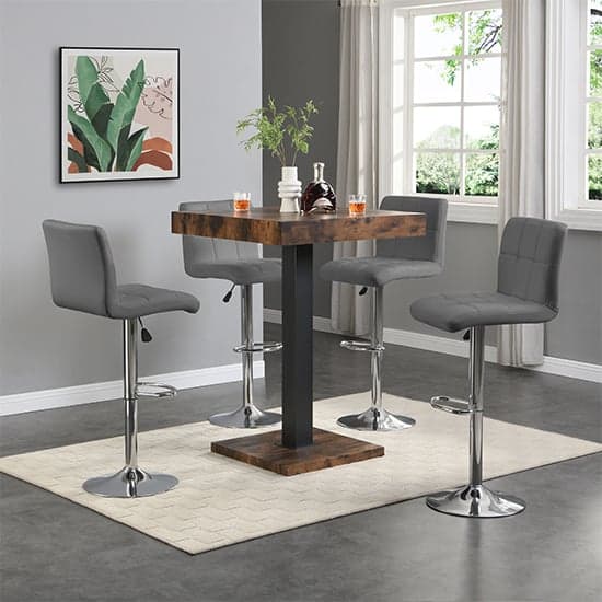 Topaz Rustic Oak Wooden Bar Table With 4 Coco Grey Stools_1
