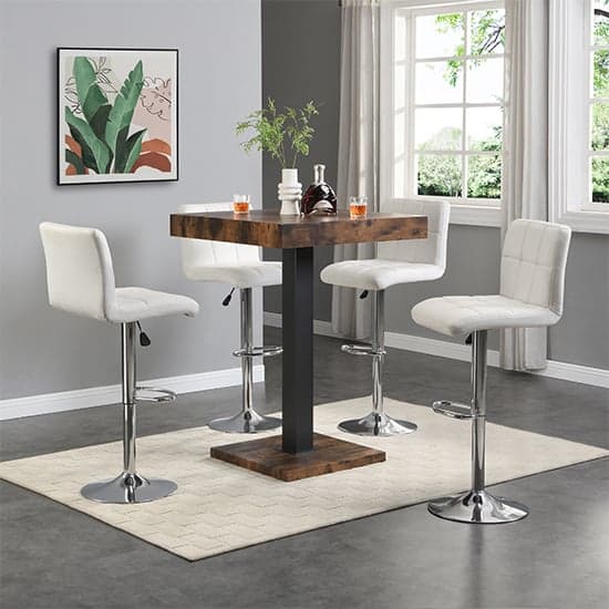 Topaz Rustic Oak Wooden Bar Table With 4 Coco White Stools_1