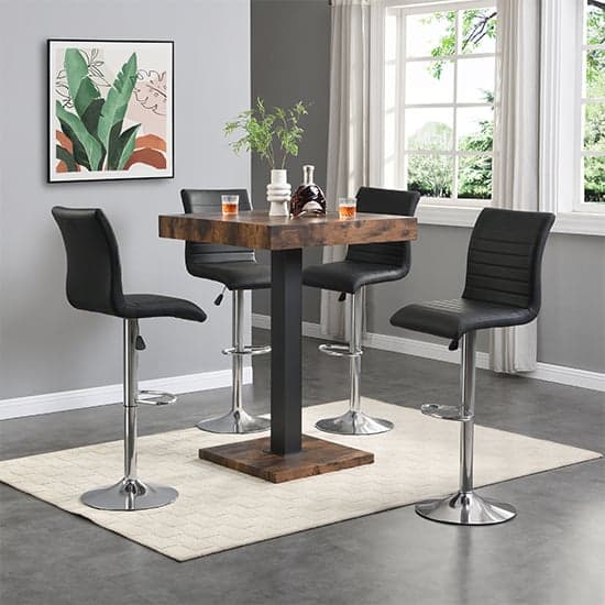 Topaz Rustic Oak Wooden Bar Table With 4 Ripple Black Stools_1