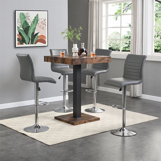 Topaz Rustic Oak Wooden Bar Table With 4 Ripple Grey Stools_1