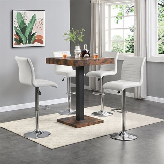 Topaz Rustic Oak Wooden Bar Table With 4 Ripple White Stools_1