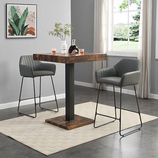 Topaz Rustic Oak Wooden Bar Table With 2 Brooks Grey Stools_1