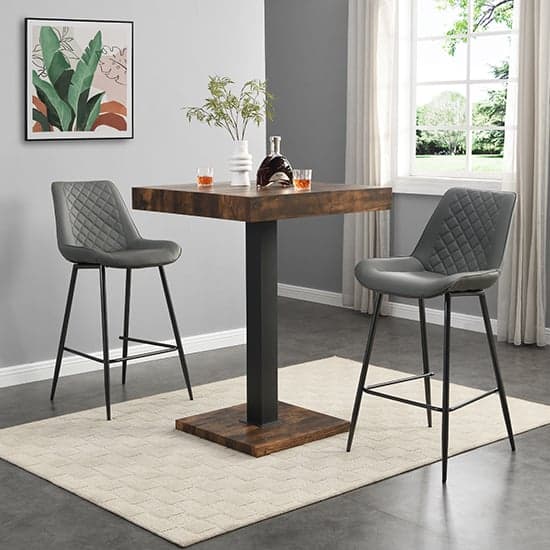 Topaz Rustic Oak Wooden Bar Table With 2 Oston Grey Stools_1