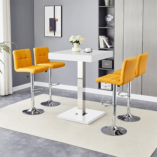 Topaz White High Gloss Bar Table With 4 Coco Curry Stools_2