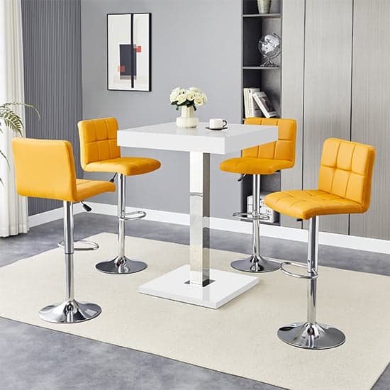 Topaz White High Gloss Bar Table With 4 Coco Curry Stools_1