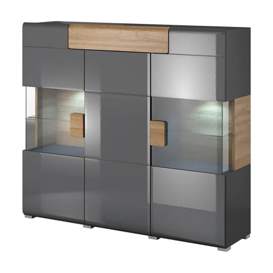 Torino High Gloss Display Cabinet 2 Doors In Grey Oak With LED_2