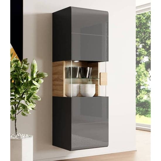 Torino High Gloss Display Cabinet Wall In Grey Oak With LED_1