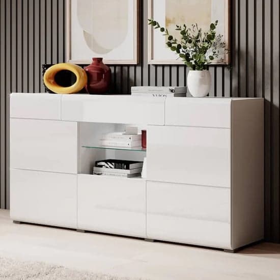 Torino High Gloss Sideboard With 3 Doors In White And LED_1