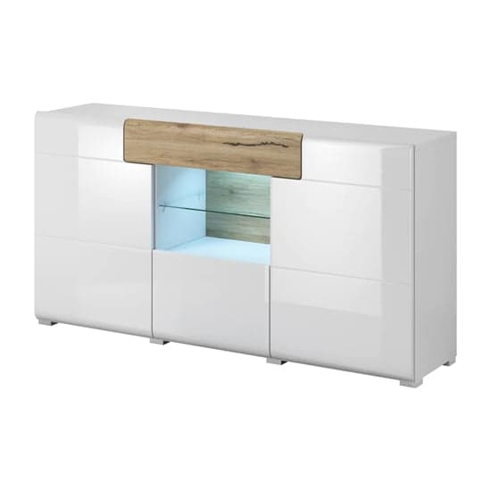 Torino High Gloss Sideboard With 3 Doors In White Oak And LED_1