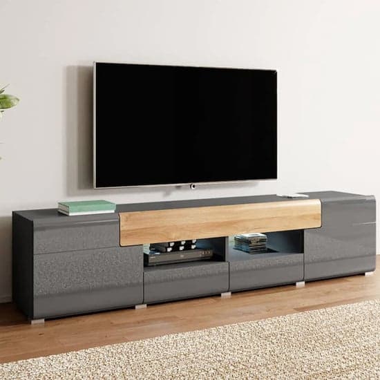 Torino High Gloss TV Stand Wide In Grey And San Remo Oak And LED_1