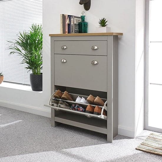 Loftus Shoe Storage Cabinet In Grey With Oak Effect Top_2