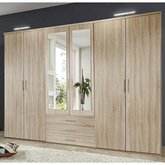 Tracy Mirrored Wardrobe Large In Oak Effect With 6 Doors