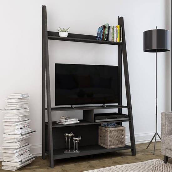 Travis Wooden Ladder TV Stand With 3 Shelves In Black_1