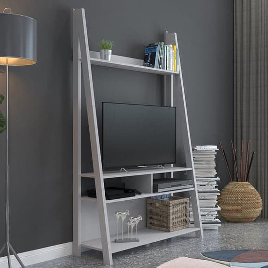 Travis Wooden Ladder TV Stand With 3 Shelves In Grey_1