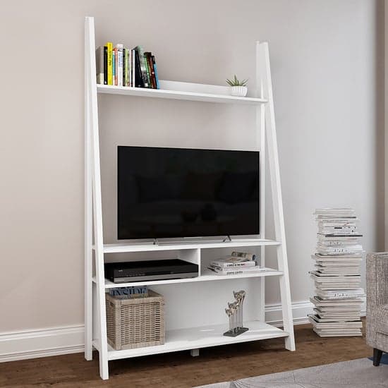 Travis Wooden Ladder TV Stand With 3 Shelves In White
