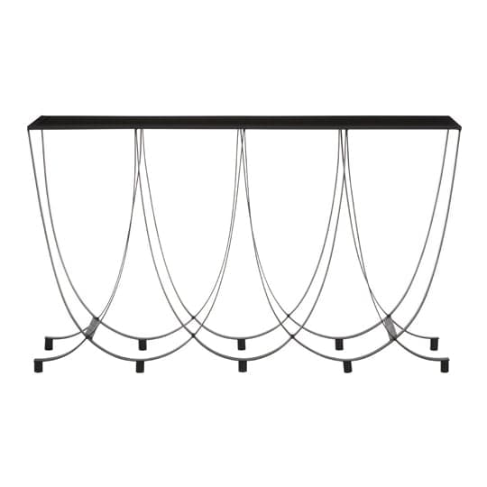 Ruchbah Black Glass Top Console Table With Curved Metal Base_1