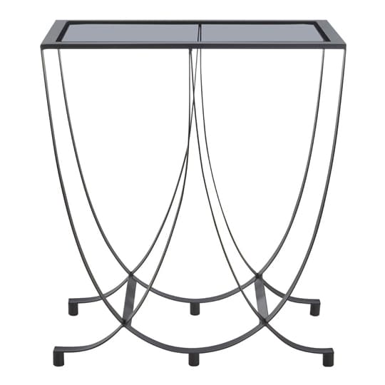 Ruchbah Black Glass Top Side Table With Curved Metal Base Furniture in Fashion