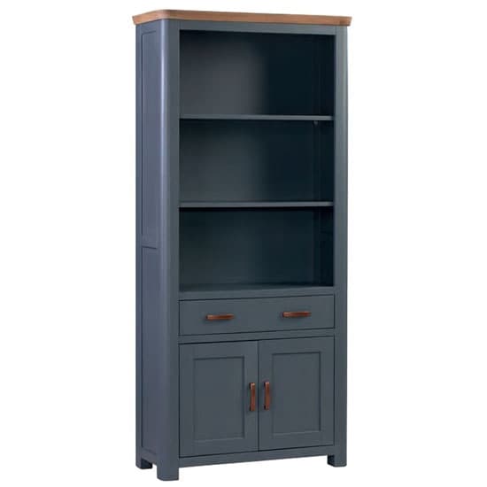 Trevino High Wooden Bookcase In Midnight Blue And Oak Furniture in