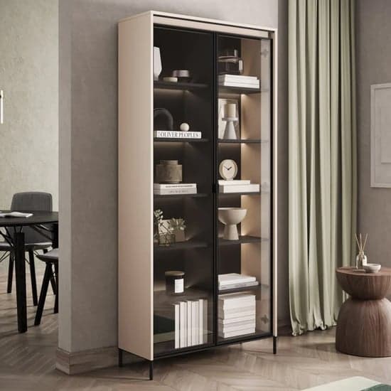 Trier Display Cabinet 2 Glass Doors In Beige With LED_1