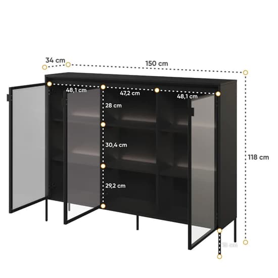 Trier Display Cabinet 3 Glass Doors In Matt Black With LED_3