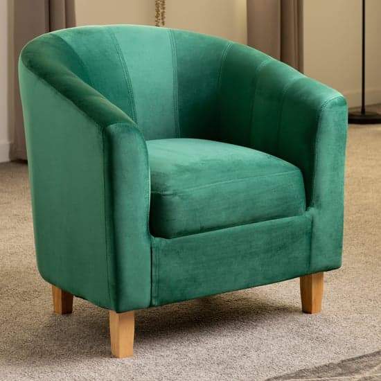 Trinkal Velvet Tub Chair In Emerald Green With Wooden Legs_1