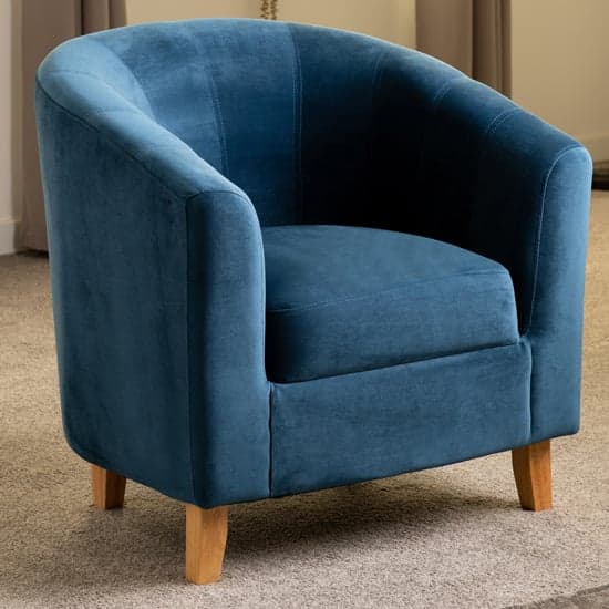 Trinkal Velvet Tub Chair In Sapphire Blue With Wooden Legs_1