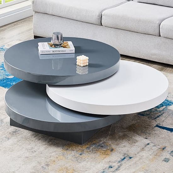 Triplo Round High Gloss Rotating Coffee Table In Grey And White_2
