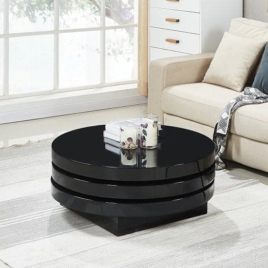 Triplo Round High Gloss Rotating Coffee Table In Black Furniture in