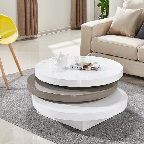 Triplo Gloss Rotating Round Coffee Table In White And Stone Furniture in Fashion