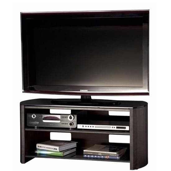Flare Large Black Glass TV Stand With Black Oak Wooden Base