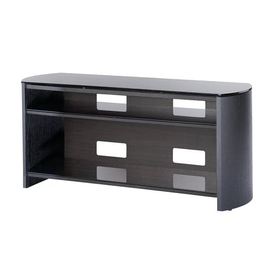 Flare Large Black Glass TV Stand With Black Oak Wooden Base_2