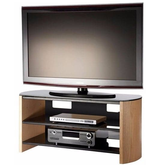 Flare Large Black Glass TV Stand With Light Oak Wooden Base_1