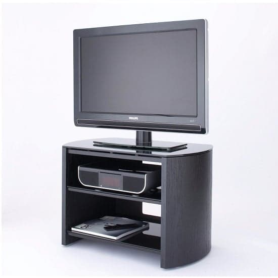Flare Small Black Glass TV Stand With Black Oak Wooden Base_1