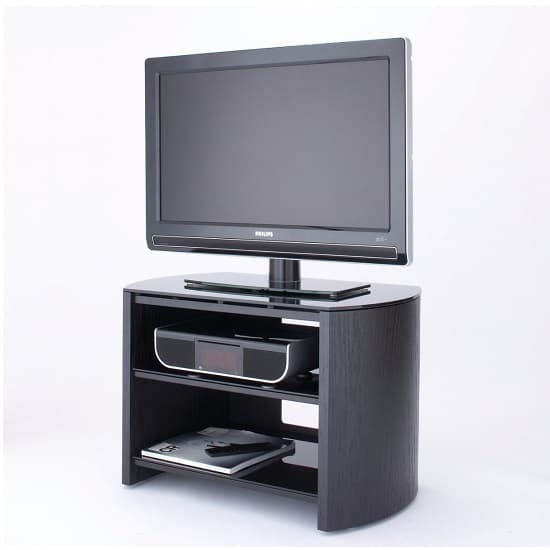 Flare Small Black Glass TV Stand With Black Oak Wooden Base Furniture