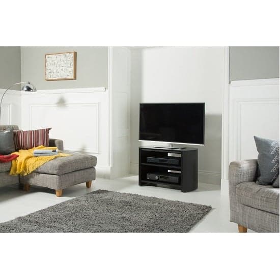 Flare Small Black Glass TV Stand With Black Oak Wooden Base_2