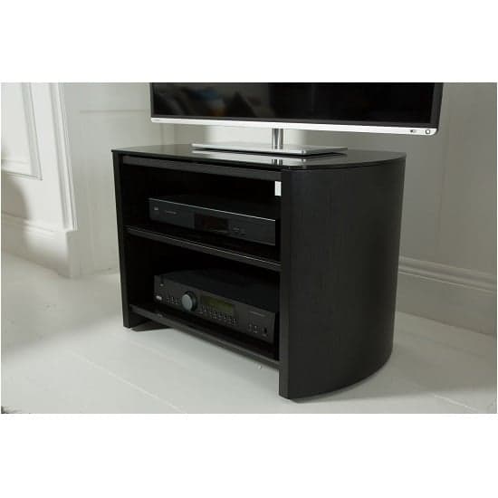 Flare Small Black Glass TV Stand With Black Oak Wooden Base_3