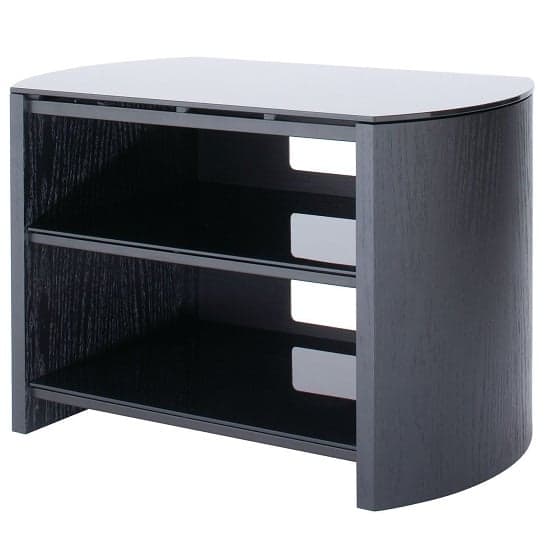Flare Small Black Glass TV Stand With Black Oak Wooden Base_4