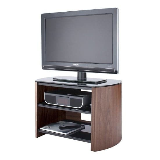 Flare Small Black Glass TV Stand With Walnut Wooden Base_1