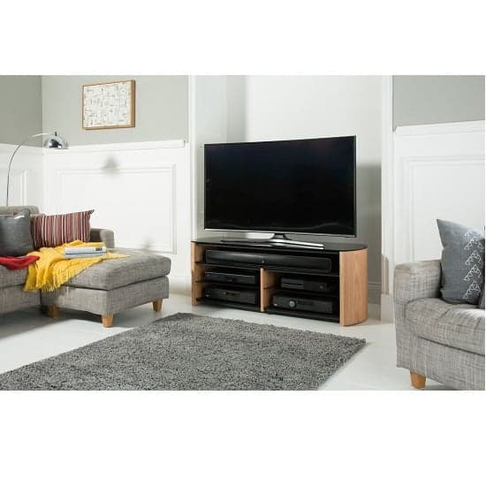 Flare Black Glass TV Stand With Light Oak Wooden Base_2