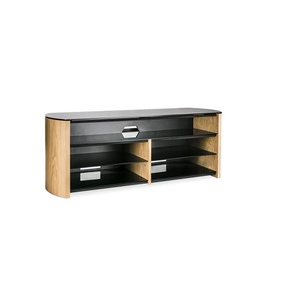 Flare Black Glass TV Stand With Light Oak Wooden Base_3