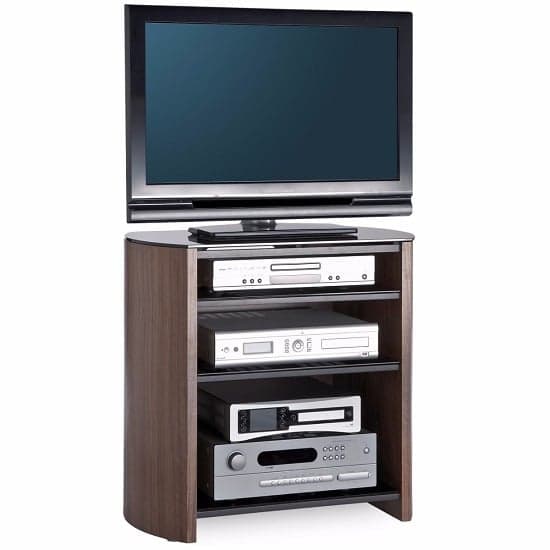 Flare Tall Black Glass TV Stand With Walnut Wooden Base_1