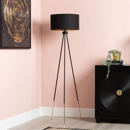 Troy Black Linen Shade Floor Lamp With Black And Gold Tripod_2