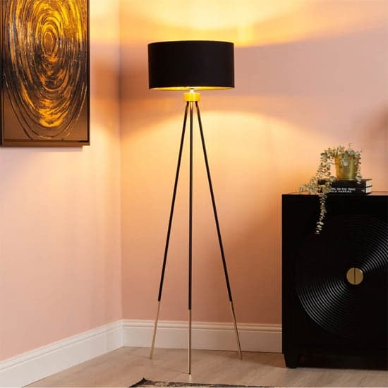 Troy Black Linen Shade Floor Lamp With Black And Gold Tripod_1