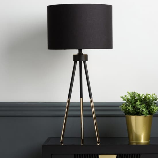 Troy Black Linen Shade Table Lamp With Black And Gold Tripod_2